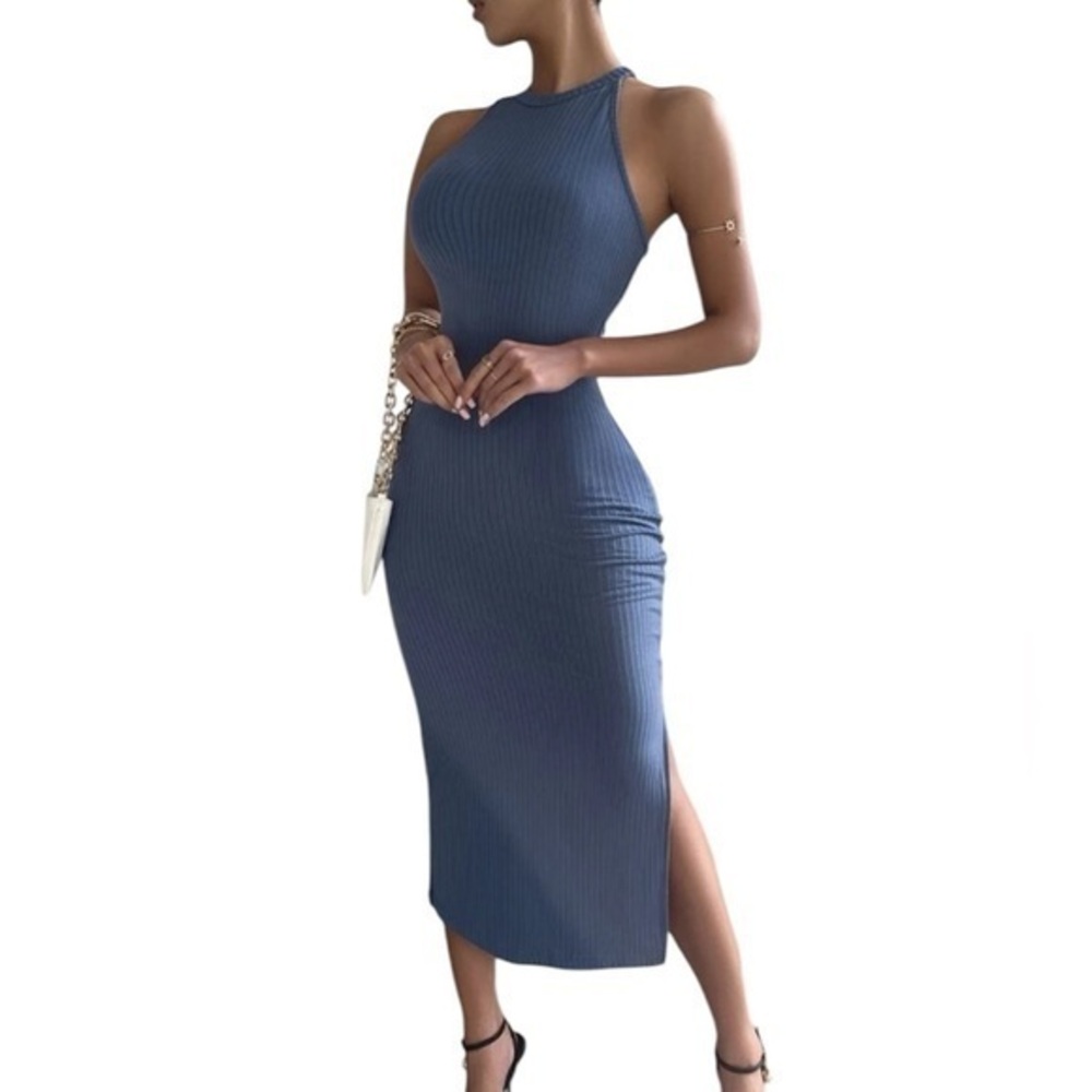 Shein Solid Ribbed Slit Hem Bodycon Dress Sleeveless, blue, like new Size medium